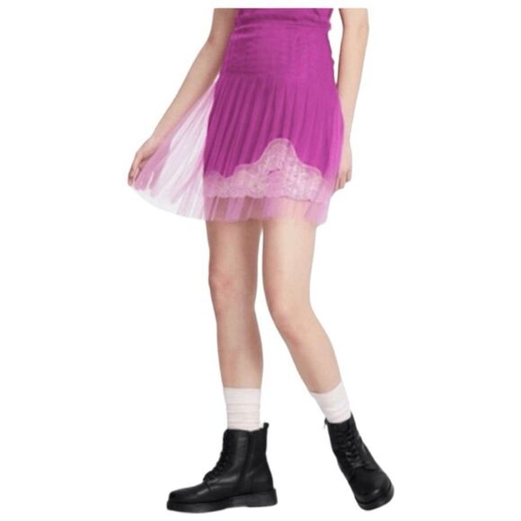 Rodarte Pleated Satin Lace Mini Skirt Hot Pink Tulle Overlay 7 - Picture 5 of 12